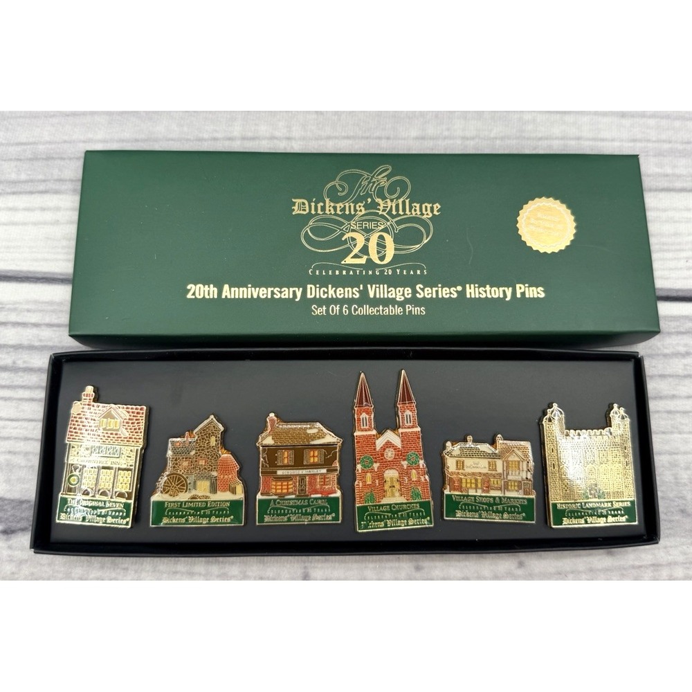DEPT 56 DICKENS VILLAGE 20TH ANNIVERSARY SET OF 6 COLLECTABLE HISTORY PINS